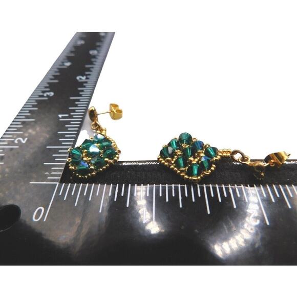 Artisan Pierced Green Earrings AB Like Coated Beads Dangle Style Gold Tone - Picture 6 of 7